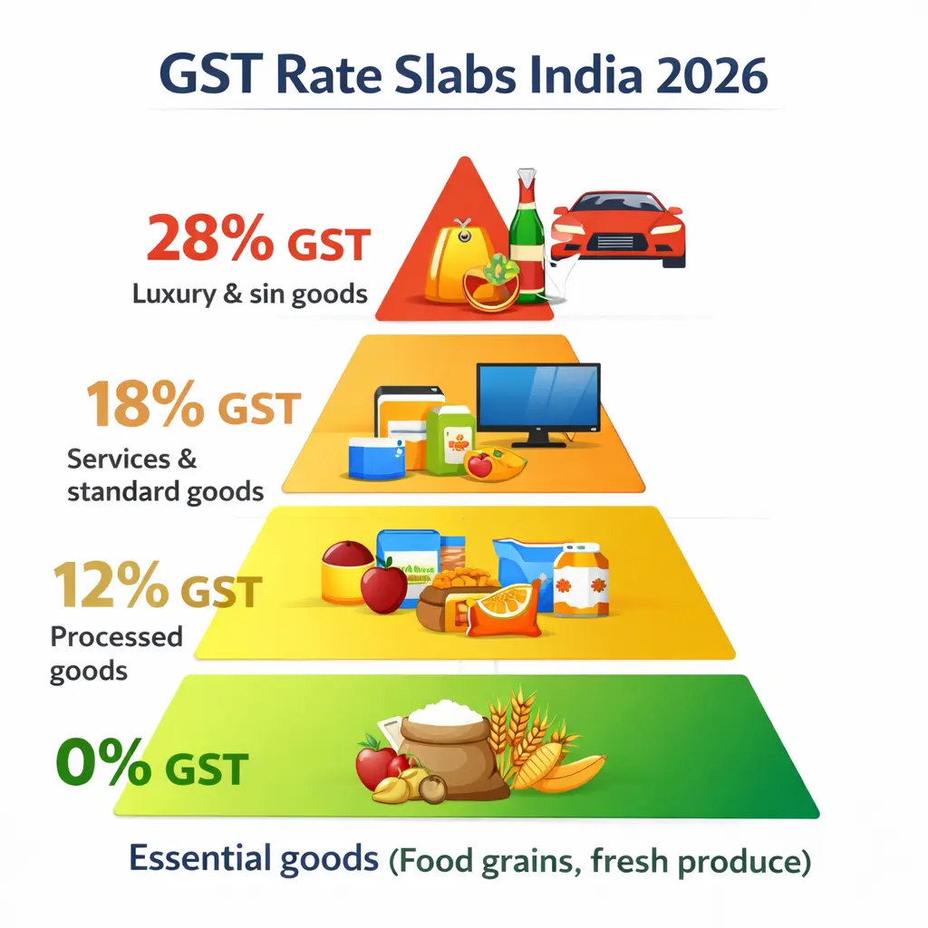 GST rate slabs India 2026 — 0% 5% 12% 18% 28% complete list with examples